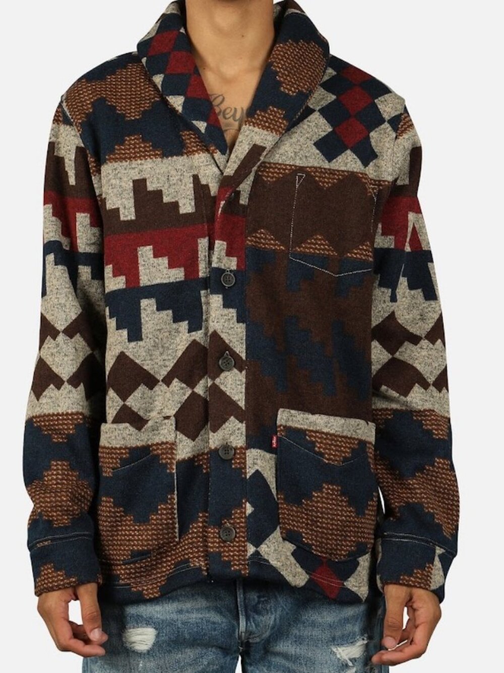 LEVI'S KUNA TRIBAL GEO Knit Aztec Gray Maroon Shawl Cardigan Sweater Shacket XL
